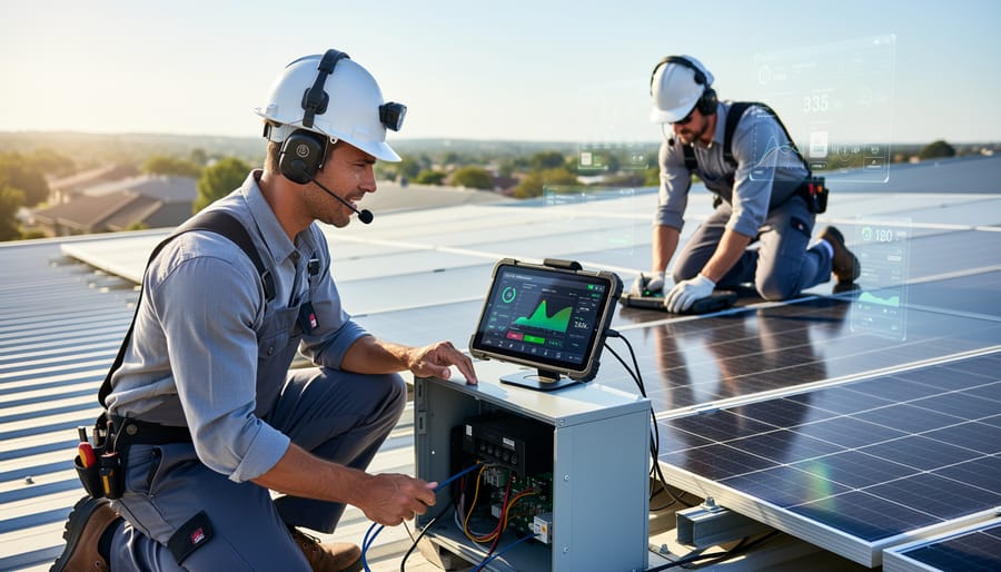 Solar technician using voice-activated diagnostics while installing rooftop solar panels