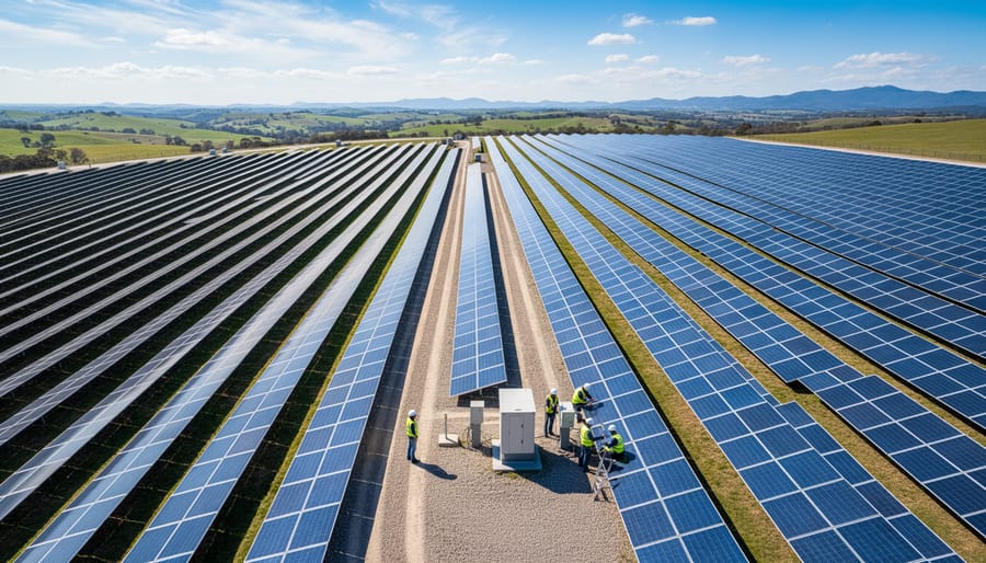 Large-scale solar farm with thousands of photovoltaic panels extending across landscape