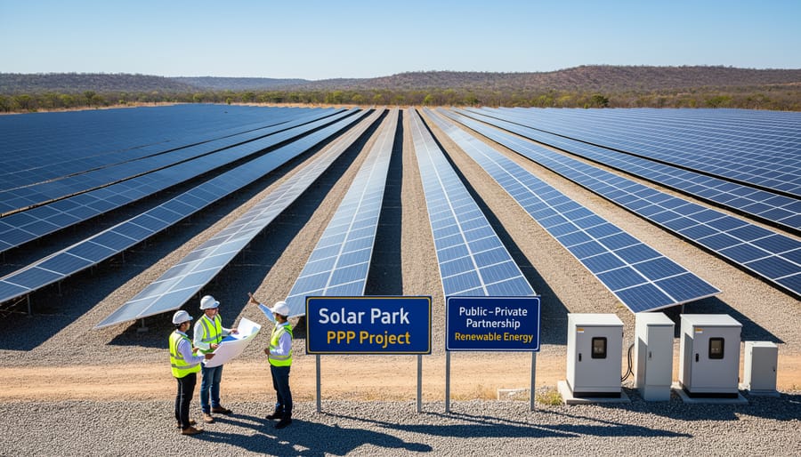 Expansive utility-scale solar farm with rows of photovoltaic panels stretching to horizon