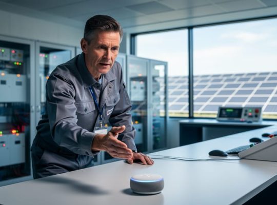 Photovoltaic operations manager in a modern control room speaking to a small smart speaker on the console, with blurred inverters, battery racks, and a solar panel array visible through windows.