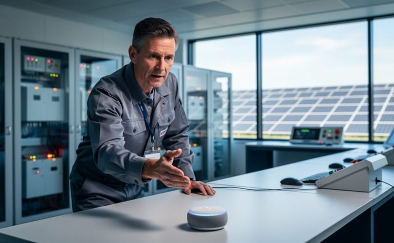 Photovoltaic operations manager in a modern control room speaking to a small smart speaker on the console, with blurred inverters, battery racks, and a solar panel array visible through windows.