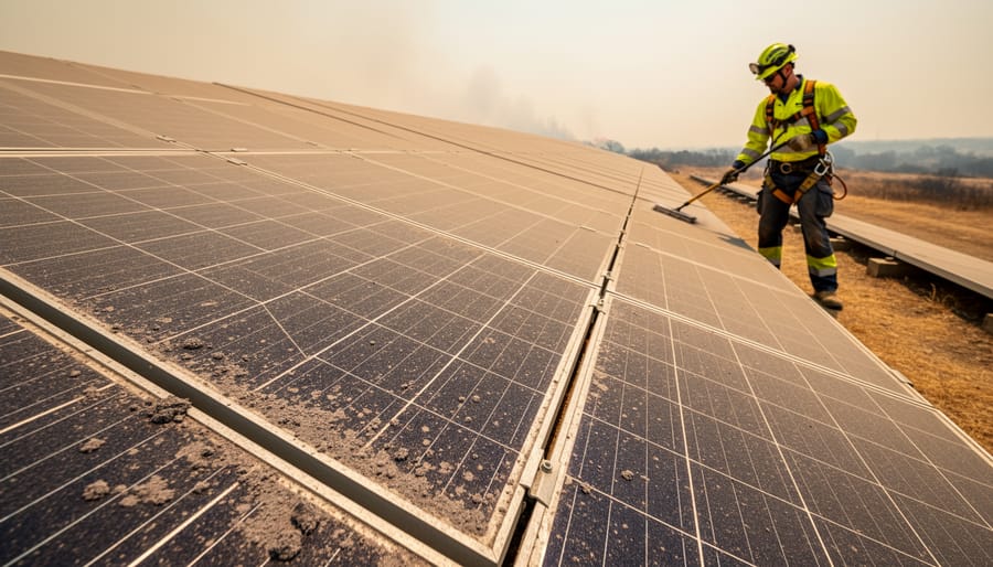 Solar panel covered in wildfire ash and particulate deposits