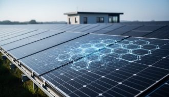 Ground-level diagonal view of a photovoltaic array with a subtle translucent hexagonal network glow across the nearest panels, cool early-morning side lighting, and a softly blurred control building and panel rows in the background, conveying blockchain protection for solar maintenance and data.