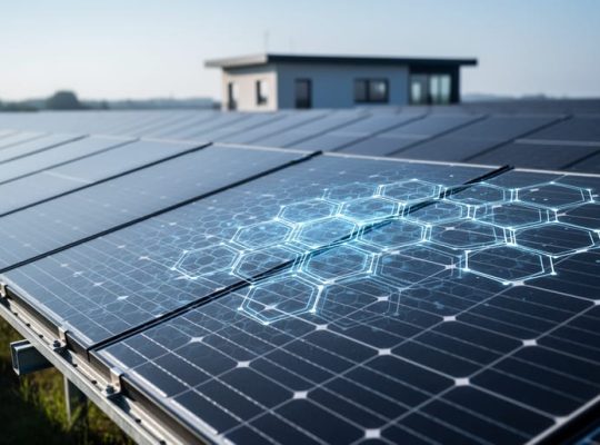 Ground-level diagonal view of a photovoltaic array with a subtle translucent hexagonal network glow across the nearest panels, cool early-morning side lighting, and a softly blurred control building and panel rows in the background, conveying blockchain protection for solar maintenance and data.