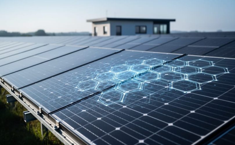 Ground-level diagonal view of a photovoltaic array with a subtle translucent hexagonal network glow across the nearest panels, cool early-morning side lighting, and a softly blurred control building and panel rows in the background, conveying blockchain protection for solar maintenance and data.