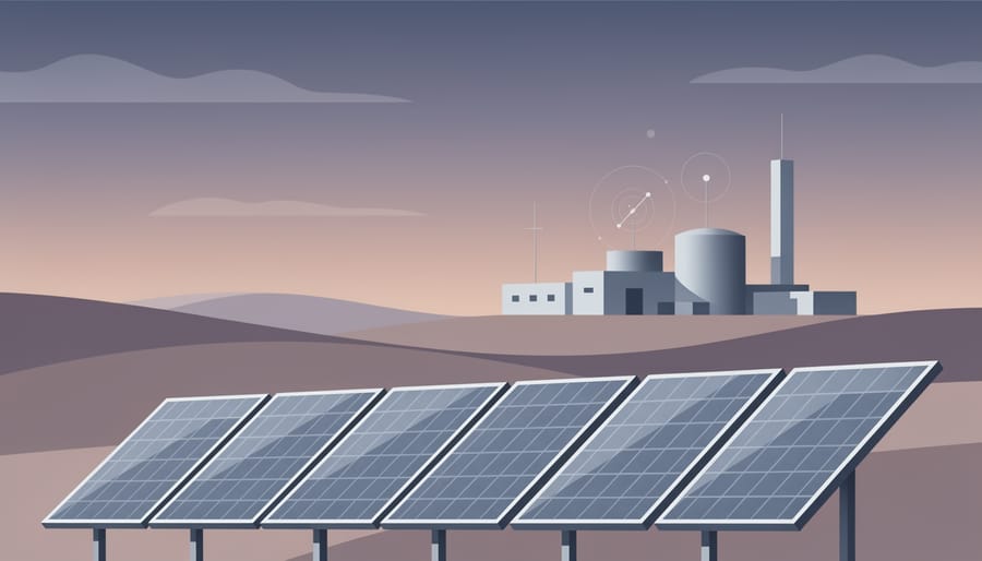 Residential solar panels and smart inverter equipment at dusk with a distant research facility in the background.