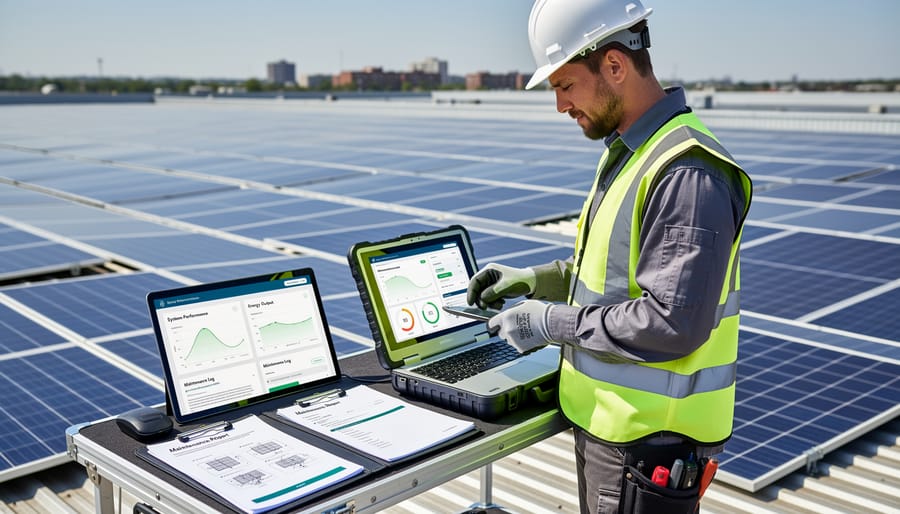 Solar panel installation on commercial rooftop with maintenance technician performing inspection