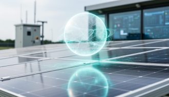 A futuristic glowing quantum orb with light-wave patterns hovering above a modern solar panel array, symbolizing quantum computing applied to solar PV data analysis.