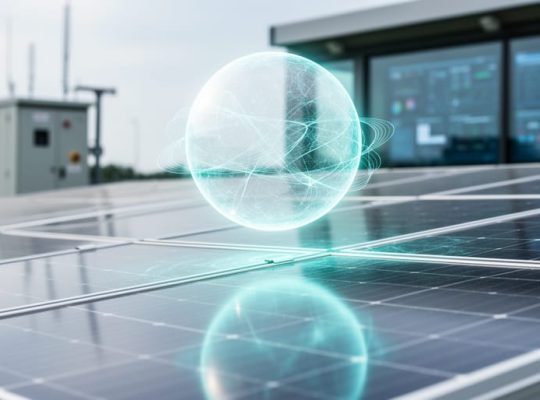 A futuristic glowing quantum orb with light-wave patterns hovering above a modern solar panel array, symbolizing quantum computing applied to solar PV data analysis.