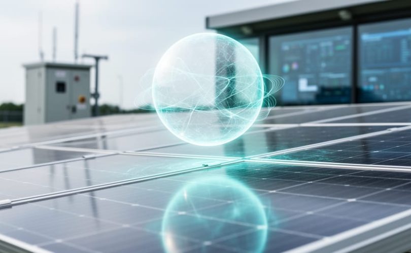 A futuristic glowing quantum orb with light-wave patterns hovering above a modern solar panel array, symbolizing quantum computing applied to solar PV data analysis.