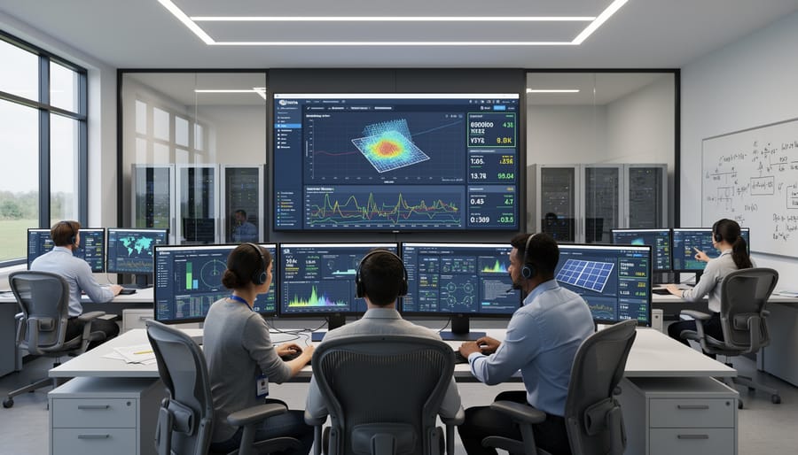 Operator in a solar monitoring control room with cool lighting and blurred equipment in the background.