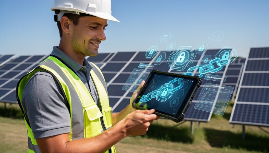 Team of solar professionals collaborating on photovoltaic system installation and maintenance