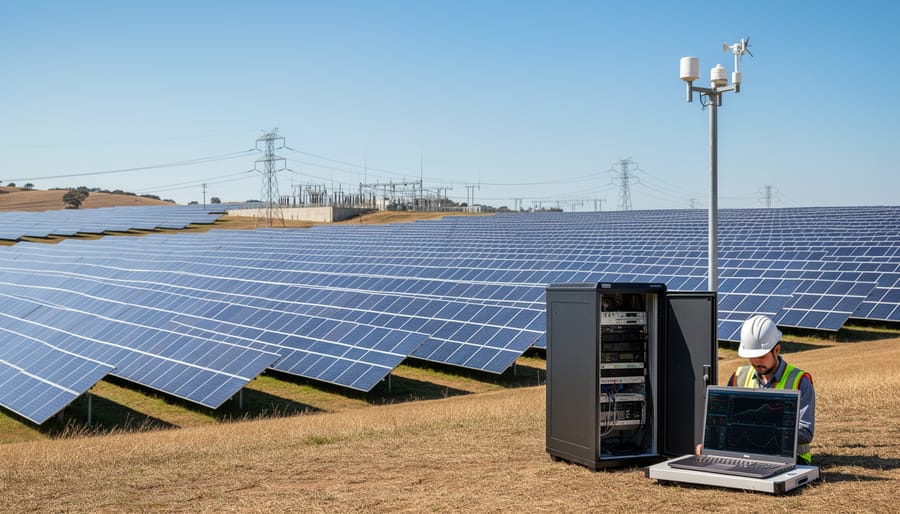Solar PV panels at a utility-scale solar farm captured in golden hour light.