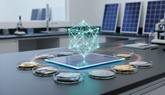 Glowing holographic crystal lattice and solar panel materials samples in a modern laboratory setting, representing AI-driven discovery for photovoltaic development.