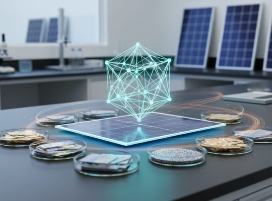 Glowing holographic crystal lattice and solar panel materials samples in a modern laboratory setting, representing AI-driven discovery for photovoltaic development.