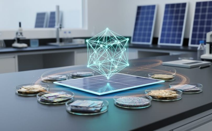 Glowing holographic crystal lattice and solar panel materials samples in a modern laboratory setting, representing AI-driven discovery for photovoltaic development.