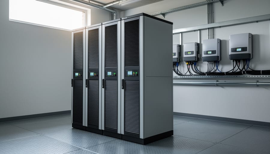 Battery storage equipment installed near a residential solar system, representing hybrid backup power capability.