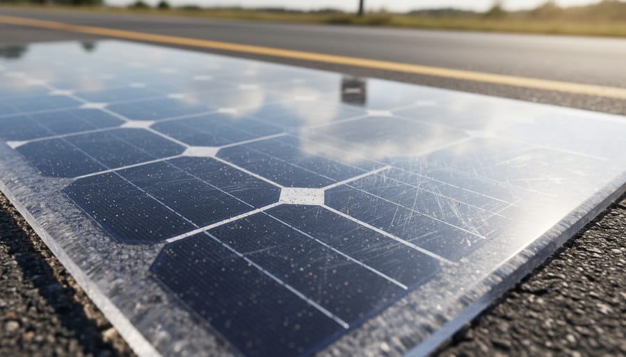 Close-up of a solar road surface with transparent protective layer texture and light raindrops.