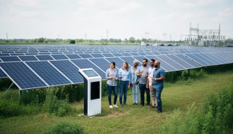 Diverse group standing near an off-site community solar array with aligned solar panels in the background, photographed in realistic environmental lighting.