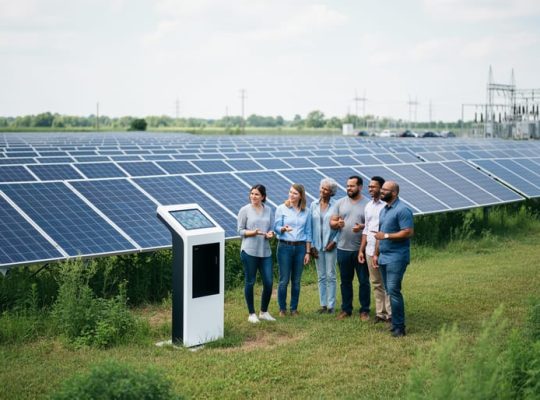 Diverse group standing near an off-site community solar array with aligned solar panels in the background, photographed in realistic environmental lighting.