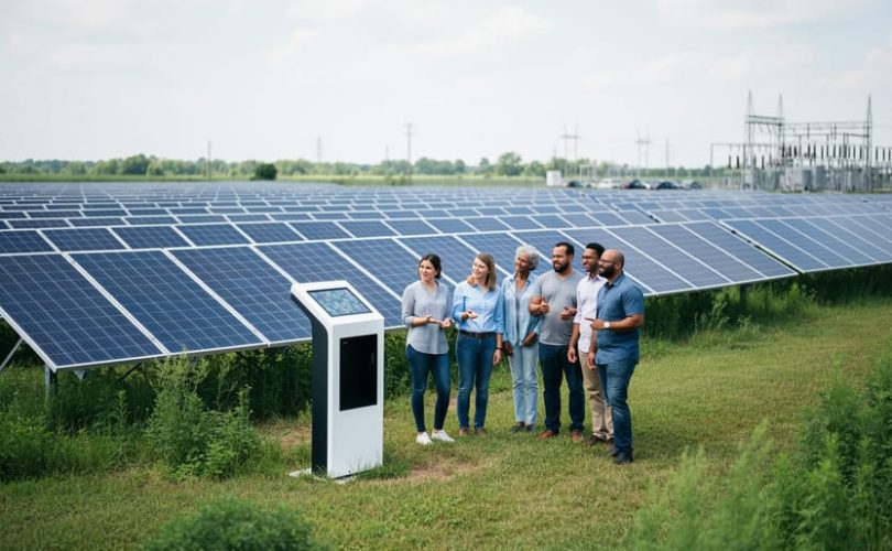 Diverse group standing near an off-site community solar array with aligned solar panels in the background, photographed in realistic environmental lighting.