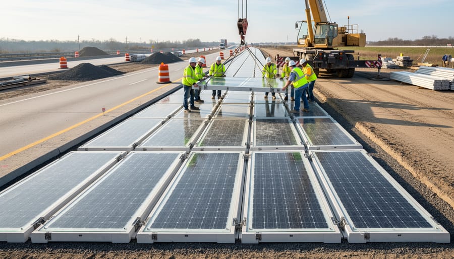 Construction workers installing modular solar road panels on a roadway section.