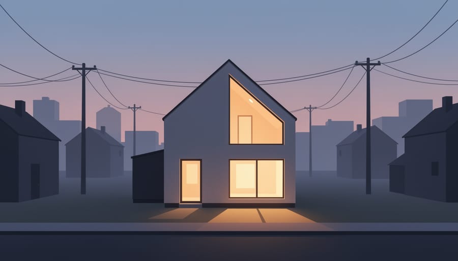 Family relaxing in a living room with warm lighting suggesting backup power during early evening