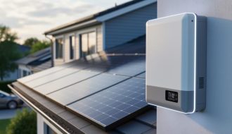“Modern residential rooftop solar panels paired with a wall-mounted lithium-ion home battery storage unit in soft daylight.”
