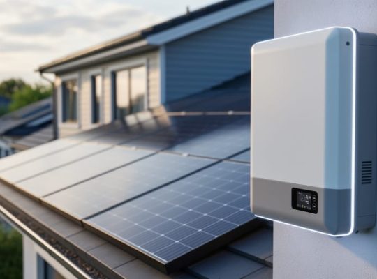 “Modern residential rooftop solar panels paired with a wall-mounted lithium-ion home battery storage unit in soft daylight.”