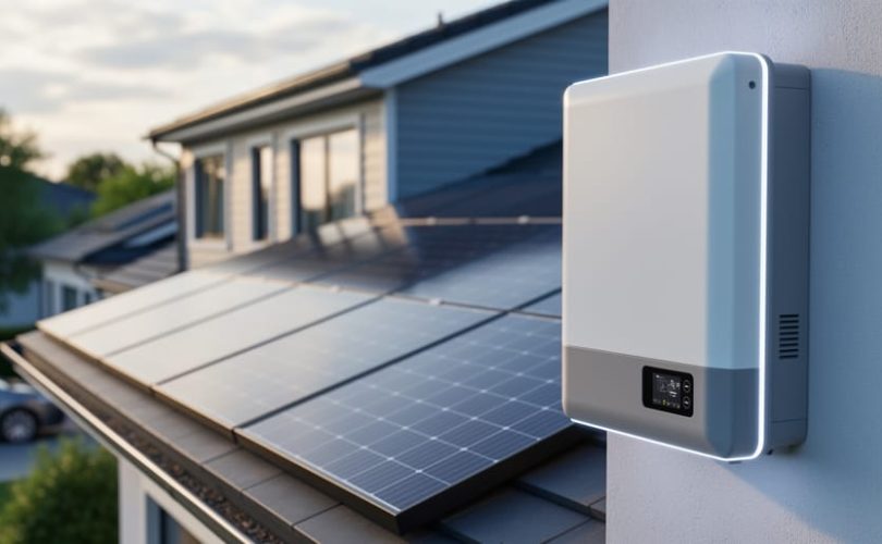 “Modern residential rooftop solar panels paired with a wall-mounted lithium-ion home battery storage unit in soft daylight.”