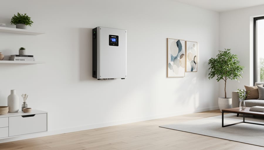 Homeowner standing next to a wall-mounted solar battery storage unit and inverter in a residential utility room