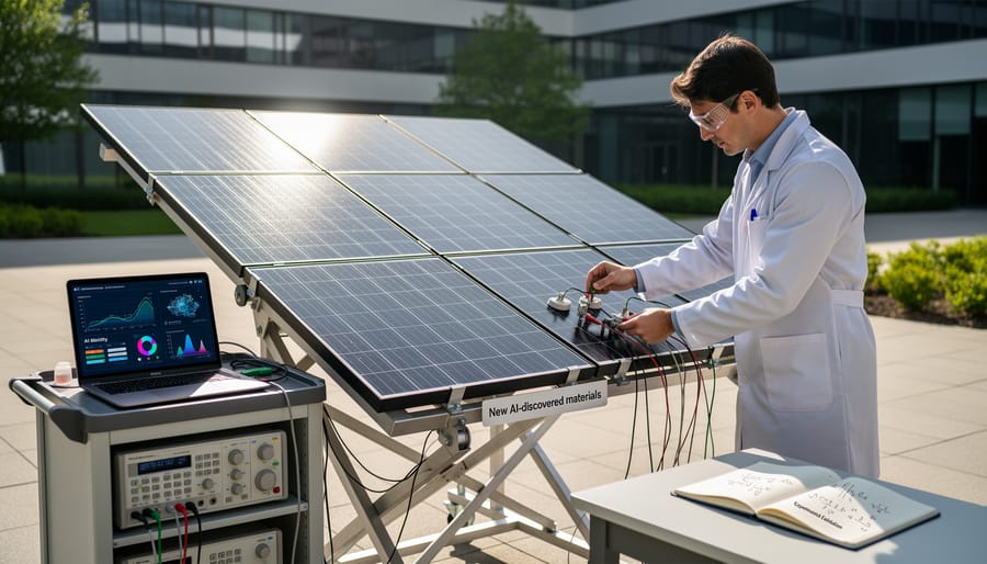Investigator measuring performance on a solar panel test bench in sunlight