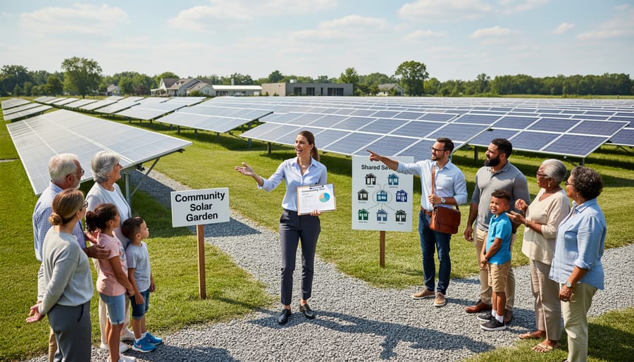 People standing outside in front of a solar farm representing community solar subscribers