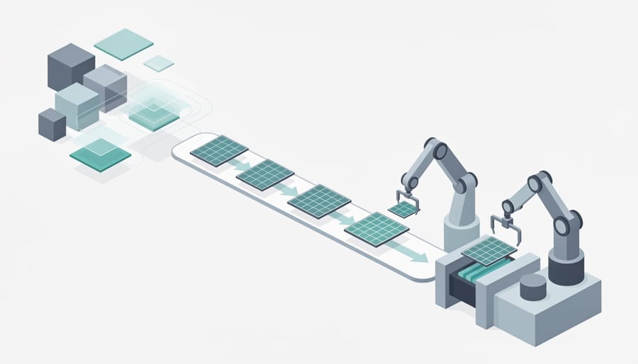 Robotic thin-film deposition equipment handling glass substrates in a semiconductor fabrication bay