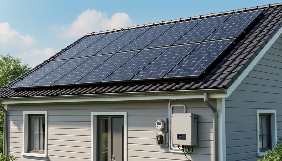 Rooftop solar panels installed on a home with nearby utility equipment, illustrating a grid-connected configuration.