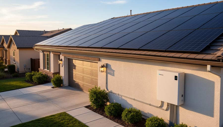 Rooftop solar panels with an exterior home battery cabinet on the side of a house during golden hour