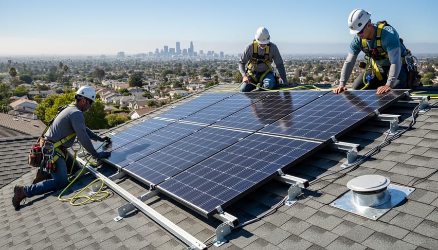 Rooftop solar panels with visible electrical junction box and conduit in golden hour light