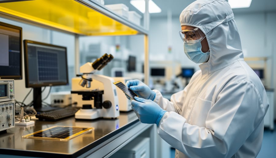 Scientist in a clean lab inspecting a solar cell wafer with safety goggles and gloves