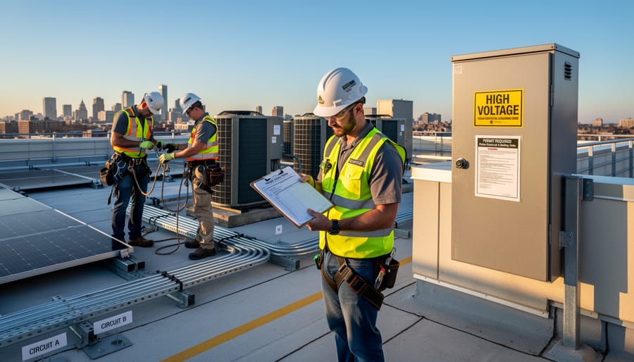 Solar installer in fall protection harness standing on a commercial roof with solar panels