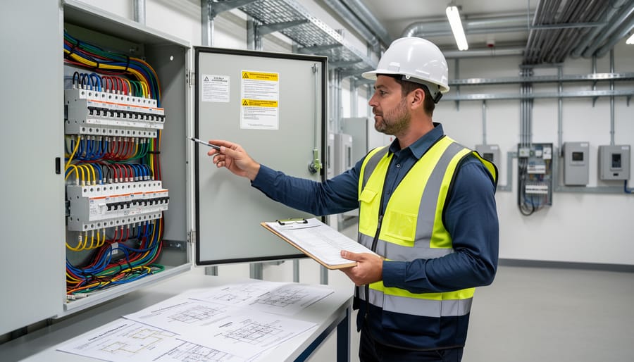 Solar installers inspecting rooftop solar wiring and mounting components during daylight, representing professional system design and safety checks.
