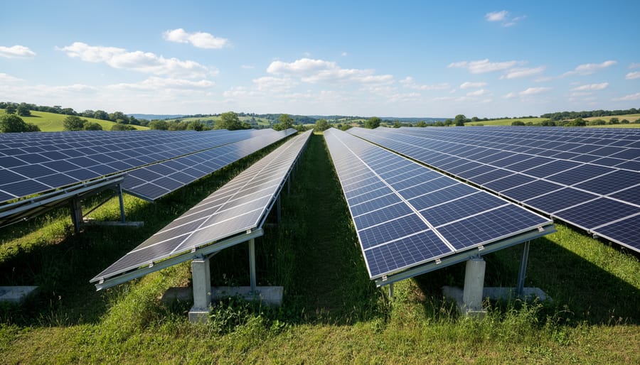 Solar panels in a community solar farm reflecting golden hour sunlight