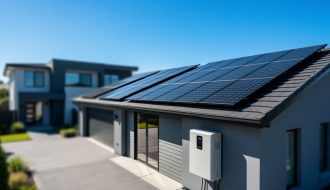 Rooftop solar panels with a nearby residential battery storage unit, photographed in bright daylight to suggest off-grid solar readiness.