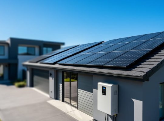 Rooftop solar panels with a nearby residential battery storage unit, photographed in bright daylight to suggest off-grid solar readiness.