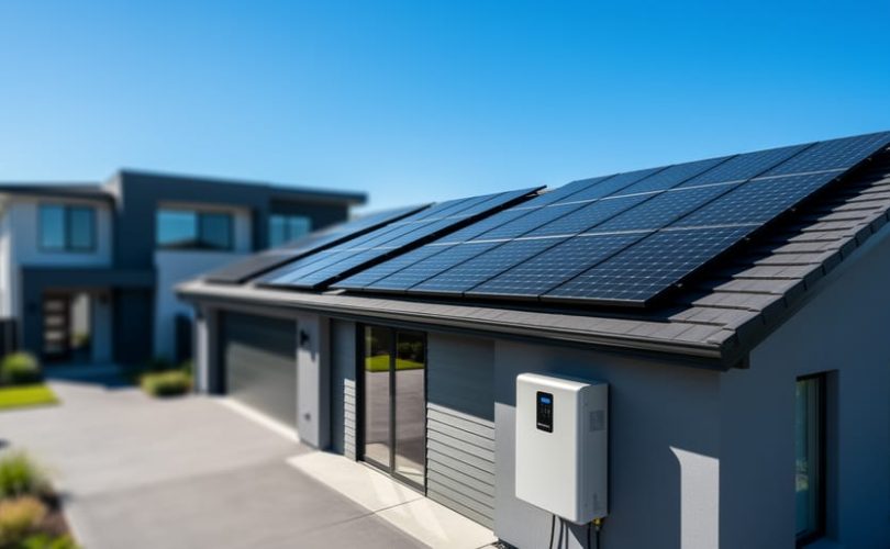 Rooftop solar panels with a nearby residential battery storage unit, photographed in bright daylight to suggest off-grid solar readiness.
