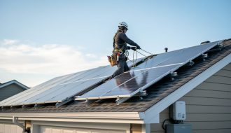 Solar installer on a residential rooftop installing and inspecting a photovoltaic panel system in daylight, conveying the permitting and inspection readiness process.