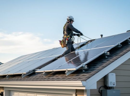 Solar installer on a residential rooftop installing and inspecting a photovoltaic panel system in daylight, conveying the permitting and inspection readiness process.