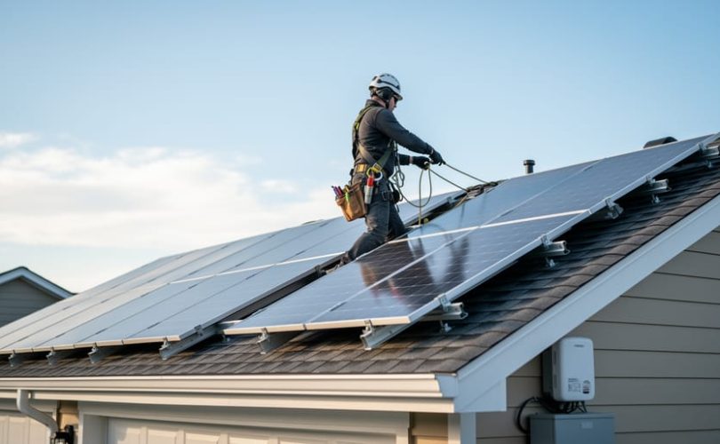 Solar installer on a residential rooftop installing and inspecting a photovoltaic panel system in daylight, conveying the permitting and inspection readiness process.