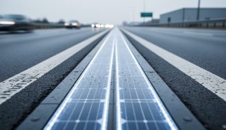 Close-up of a modern solar road surface with transparent embedded panels showing photovoltaic cells beneath, photographed at ground level on a wet roadway.