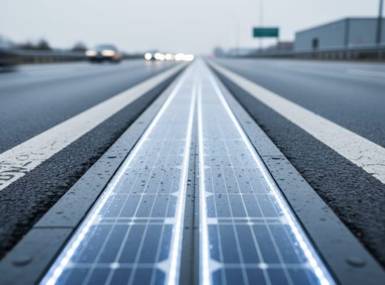 Close-up of a modern solar road surface with transparent embedded panels showing photovoltaic cells beneath, photographed at ground level on a wet roadway.