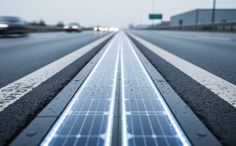 Close-up of a modern solar road surface with transparent embedded panels showing photovoltaic cells beneath, photographed at ground level on a wet roadway.